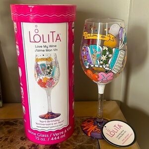 Brand New Lolita Hand-Painted 15 Oz Wine Glass April Birthday Month Colorful